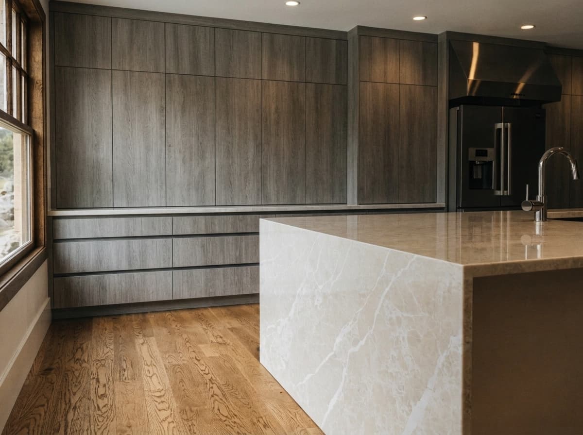 Driftwood-gray frameless melamine kitchen