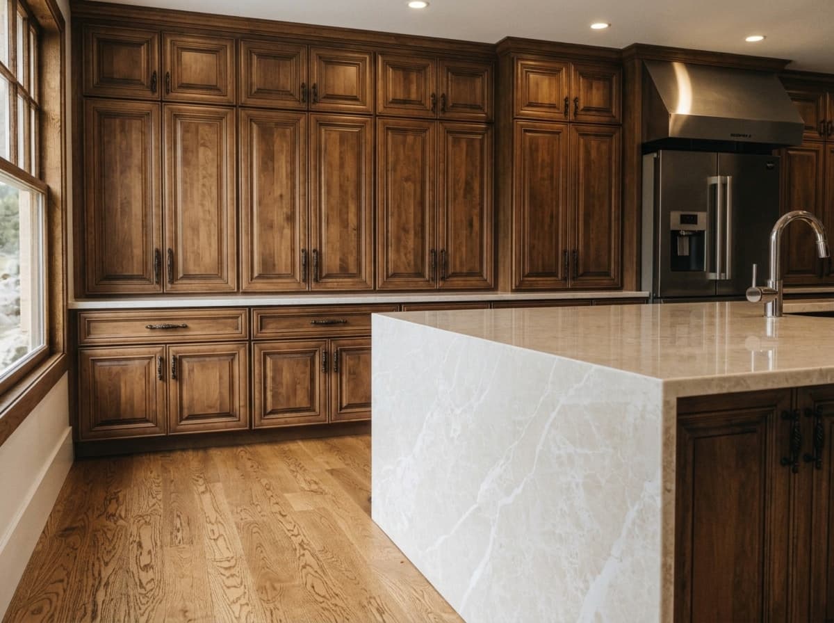 Rich walnut raised-panel kitchen with island